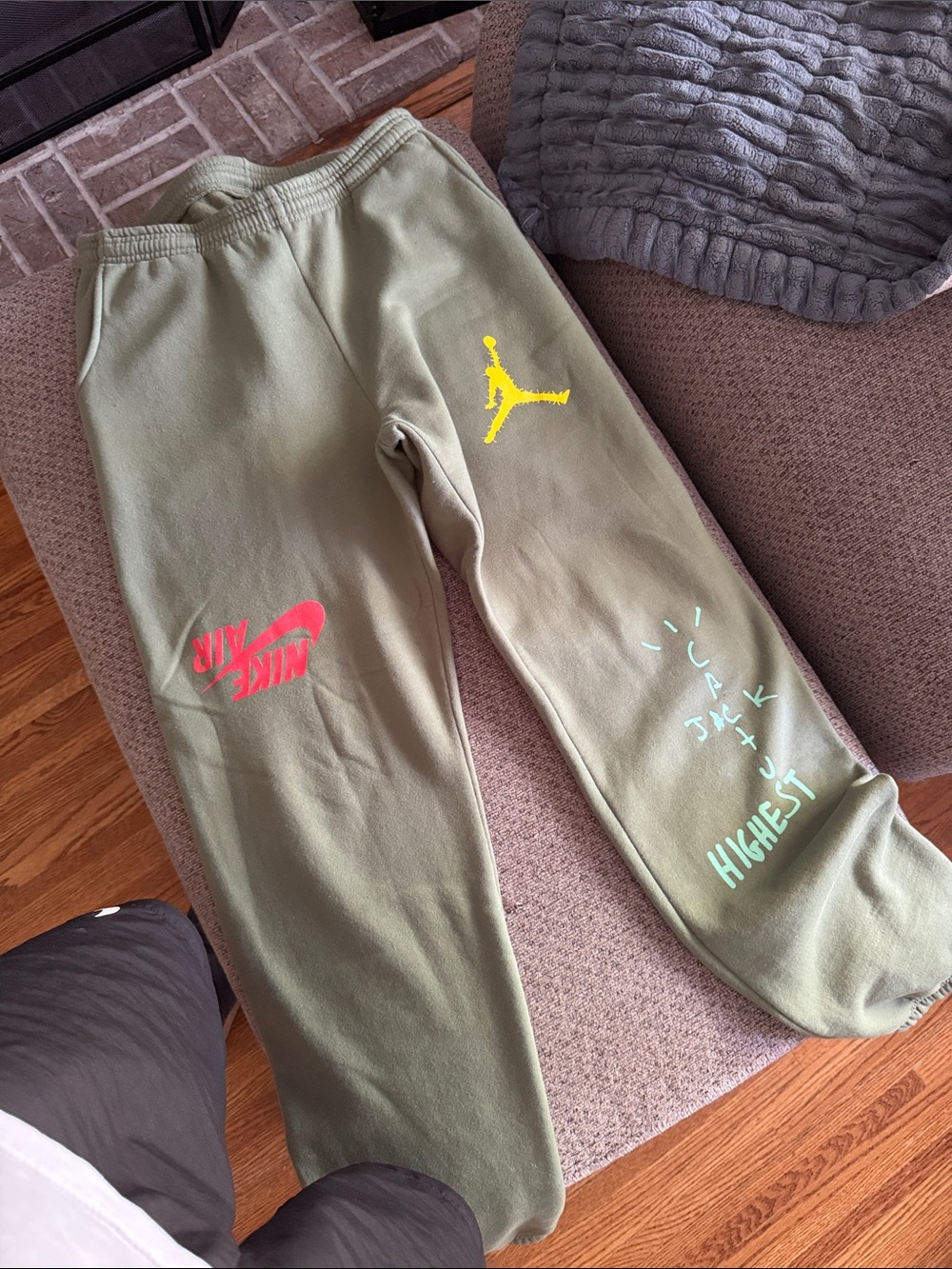 Nike Olive Green Sweatpants with Neon Yellow & Neon Pink Logos